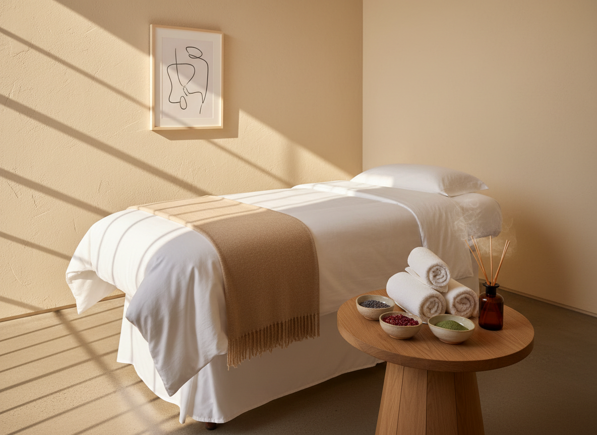 A serene corner of an upscale beauty spa, featuring a plush treatment bed draped in crisp white cotton sheets and a sand-colored cashmere throw, positioned beside a low oak side table displaying neatly folded towels, small ceramic bowls of botanical ingredients, and an amber glass diffuser emitting a soft mist. The walls are warm ivory with subtle plaster texture, accented by a single framed abstract line drawing. Diffused golden hour light enters through an unseen window, casting elongated, elegant shadows. Captured at eye level with balanced composition and photographic realism, the mood is tranquil, refined, and inviting, emphasizing natural glow and sophisticated care.