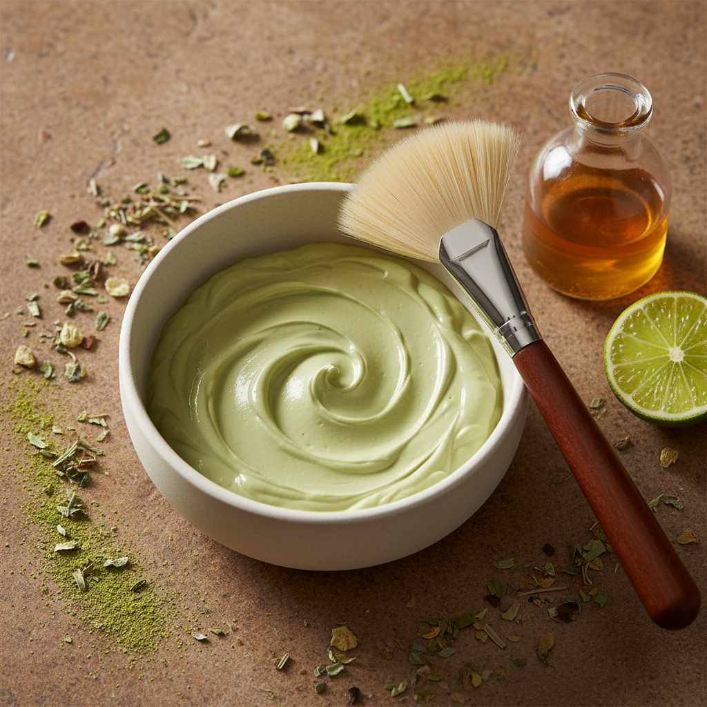 A close, detailed shot of a spa mixing station: a shallow, matte porcelain bowl filled with creamy, pale green mask, its surface swirled to show rich texture, beside a sleek, natural-bristle fan brush with a polished wooden handle. Tiny flecks of matcha powder and crushed herbs are scattered artfully on the surrounding warm stone surface, along with a small carafe of translucent herbal infusion and a single lime wedge. Soft top-down studio lighting highlights the mask’s sheen and the brush’s bristles, creating gentle shadows that contour the scene. Photographic realism with a slightly elevated angle and tight framing generates an intimate, sensorial mood, emphasizing the handcrafted, nourishing quality of treatments.