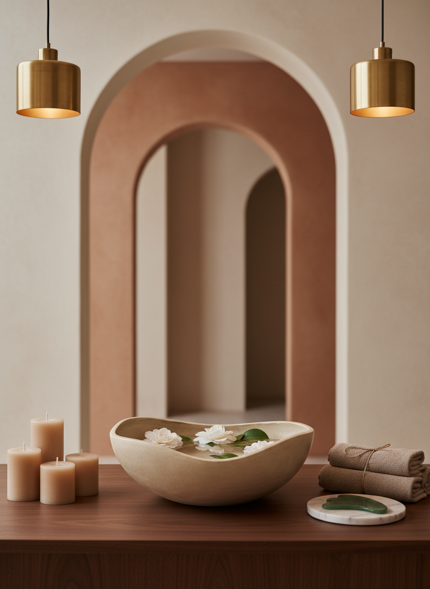 A modern spa reception still life, centered around a sculptural ceramic bowl filled with cool water and floating white camellia petals, placed on a dark walnut console table. Around it, there are neatly arranged soy wax candles in matte beige vessels, a stack of taupe linen hand towels, and a single translucent jade gua sha tool resting on a small marble tray. The background shows a blurred hint of curved archways and textured plaster walls in warm neutral tones. Warm pendant lighting from above casts soft pools of light and gentle reflections on the water’s surface. Photographic realism, eye-level perspective, and a composed, symmetrical framing convey sophistication, calm, and understated luxury.