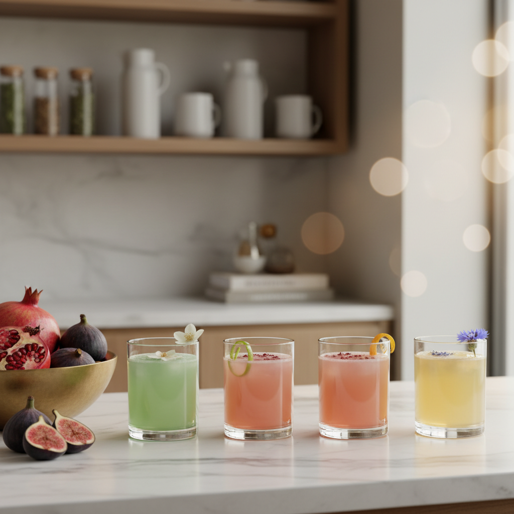 A refined, photographic-realistic vignette of a spa’s “inner beauty bar,” showing a marble counter with a row of crystal-clear glasses filled with different pastel-hued wellness tonics—soft green, blush pink, pale gold—each garnished with delicate edible flowers or slender citrus twists. Nearby, a brushed brass bowl holds fresh pomegranate halves and figs, their rich colors contrasting with the light neutral surroundings. The background is softly blurred, revealing a hint of open shelving with ceramic carafes and linen-covered recipe books. Gentle afternoon natural light pours in from the right, creating luminous highlights in the liquids and a subtle bokeh effect. The mood is sophisticated, nurturing, and gourmet-inspired, echoing the concept of beauty from within.