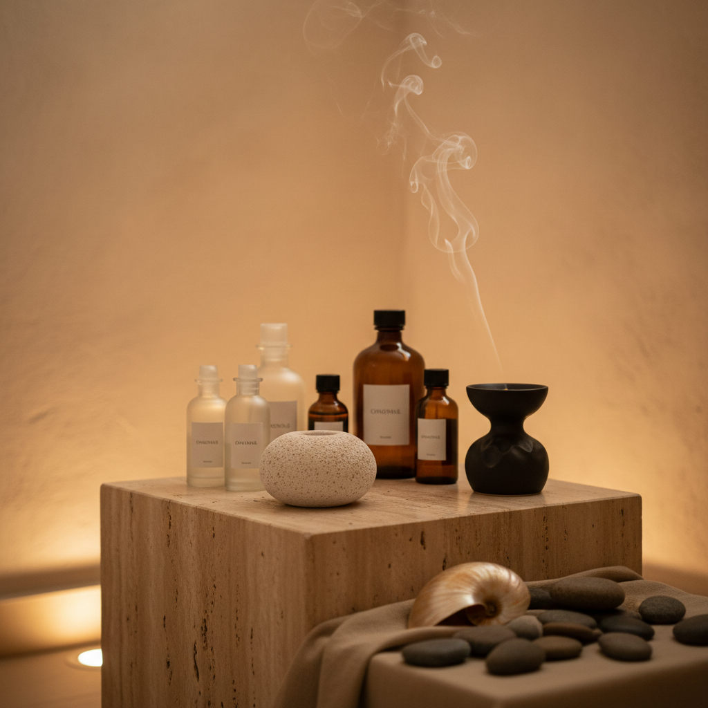 An atmospheric detail of a spa’s aromatherapy corner, focusing on a low travertine pedestal table holding a cluster of essential oil bottles in frosted and amber glass, a marble aroma stone, and a sculptural incense holder with a thin trail of smoke curling upward. Smooth river stones and a single large shell sit at the table’s base on a sand-colored linen cloth. The background is a softly lit, curved plaster wall in warm cream tones. Dim, warm-toned accent lighting from below and one side creates a dramatic play of light and shadow, with the smoke delicately illuminated. Photographic realism, intimate close-up composition, and shallow depth of field create a cocooning, meditative mood aligned with a high-end, holistic beauty spa.