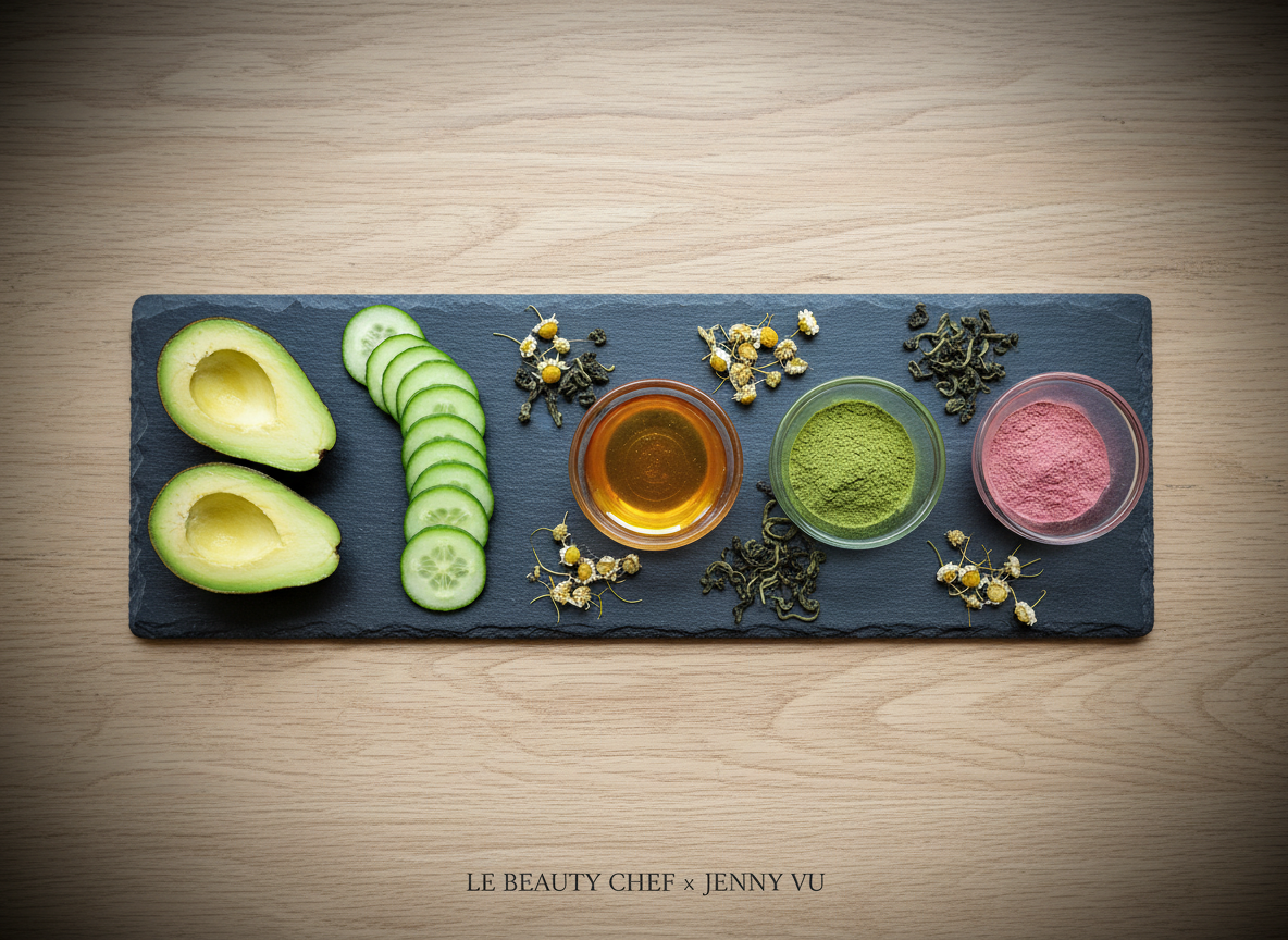 An artful arrangement of natural ingredients used in beauty rituals, displayed on a long rectangular slate board: glossy avocado halves, delicately sliced cucumber rounds, small glass dishes of golden honey, finely ground matcha, and pink clay, plus scattered chamomile flowers and green tea leaves. The board rests on a smooth, light oak table with a subtle grain. Soft overcast daylight from above creates even, diffused illumination with minimal shadows, enhancing every texture from creamy to powdery. Photographic realism with a refined, editorial composition using the rule of thirds and a gentle vignette, evoking an elevated, culinary-meets-beauty concept aligned with a sophisticated spa brand called “Le Beauty Chef x Jenny Vu.”