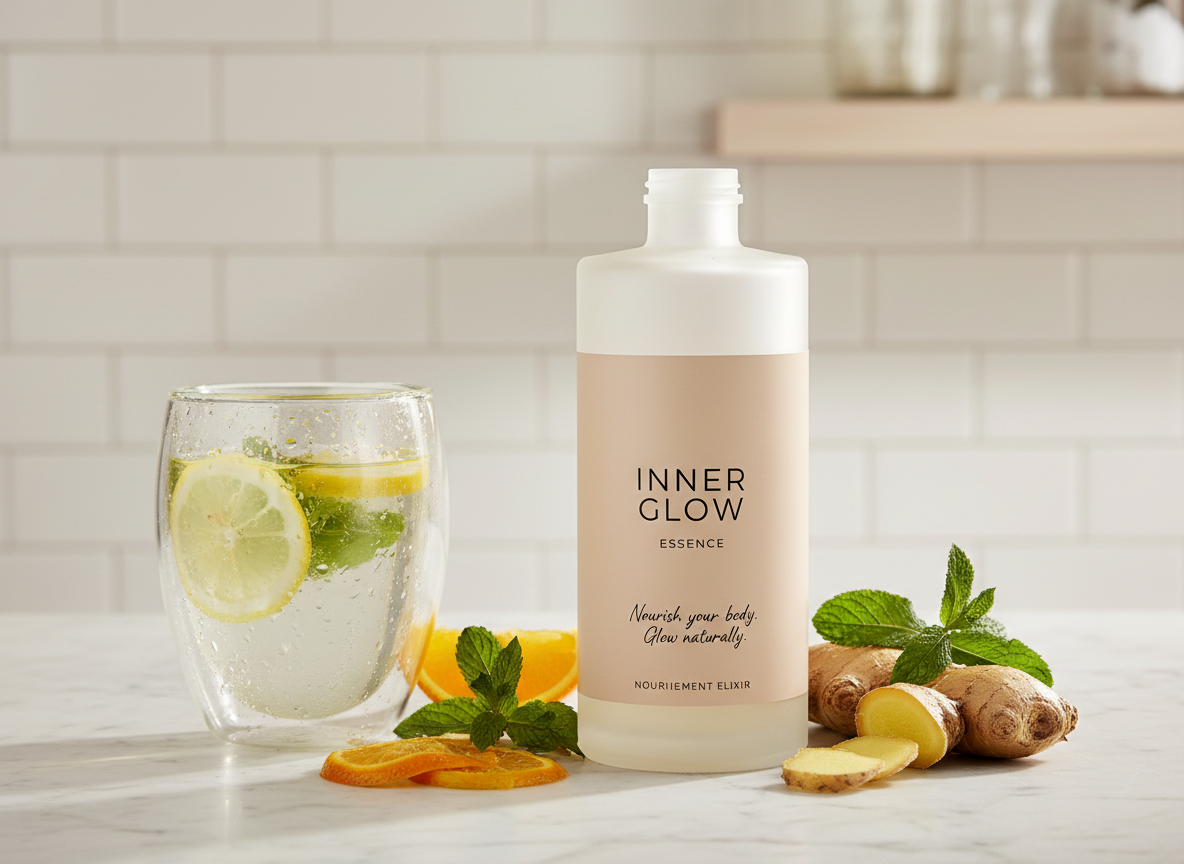 A close-up, photographic-realistic shot of an elegant marble-topped counter featuring a tall, matte glass bottle labeled with minimalist typography, surrounded by fresh citrus slices, ginger root, and sprigs of mint, representing inner beauty and nourishment. A double-walled glass of infused water with thin lemon wheels and floating mint leaves sits nearby, tiny condensation droplets visible on the surface. The background is softly blurred, revealing hints of creamy tiles and a pale wooden shelf. Soft studio lighting from the right creates a gentle sheen on the glass and lively reflections in the water. Captured at a slightly elevated angle with shallow depth of field, the mood is clean, refreshing, and sophisticated, emphasizing the concept “Nourish your body. Glow naturally.”