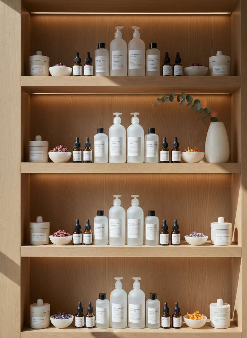 A high-end spa apothecary shelf made of light, matte oak, neatly lined with uniform frosted glass bottles, small amber dropper vials, and ceramic jars, each labeled with minimal, elegant typography. Interspersed between the products are small alabaster bowls filled with dried rose buds, lavender, and citrus peels, plus a single sculptural alabaster vase holding one long eucalyptus branch. Soft, diffused daylight from a nearby window grazes the shelf, creating quiet highlights on frosted surfaces and subtle shadows beneath each bottle. Photographic realism with a straight-on, eye-level composition and moderate depth of field, giving sharp focus to the middle row and a gentle blur above and below. The atmosphere is refined, organized, and nurturing, suggesting curated formulations crafted with care.